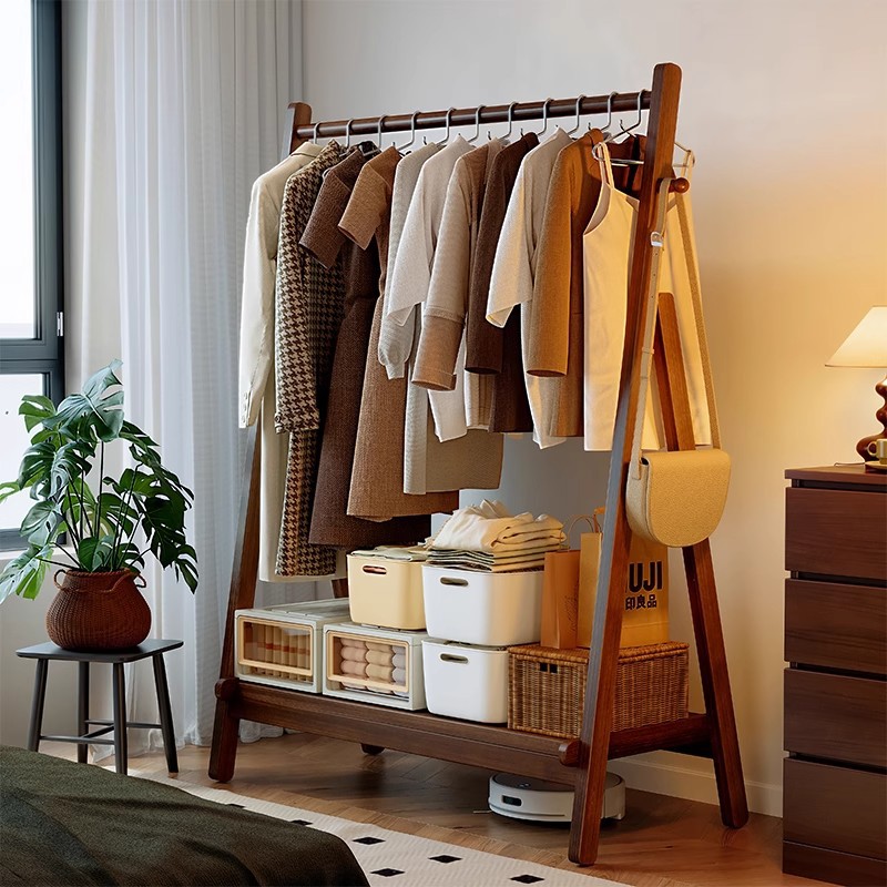 Perchas de madera maciza, perchas de piso, perchas de dormitorio de piso, percheros de bolsas colgantes para el hogar, ropa móvil, estante simple