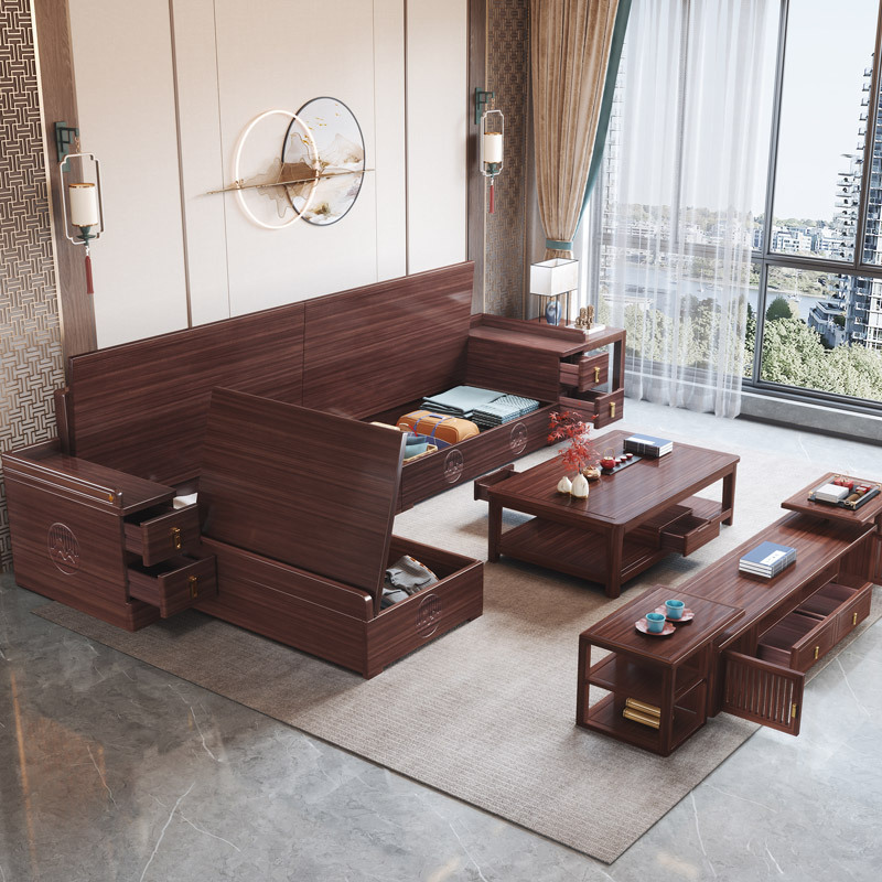 Nuevo sofá de madera maciza de estilo chino, muebles de sala de estar modernos y simples, sofá de madera de almacenamiento de invierno y verano