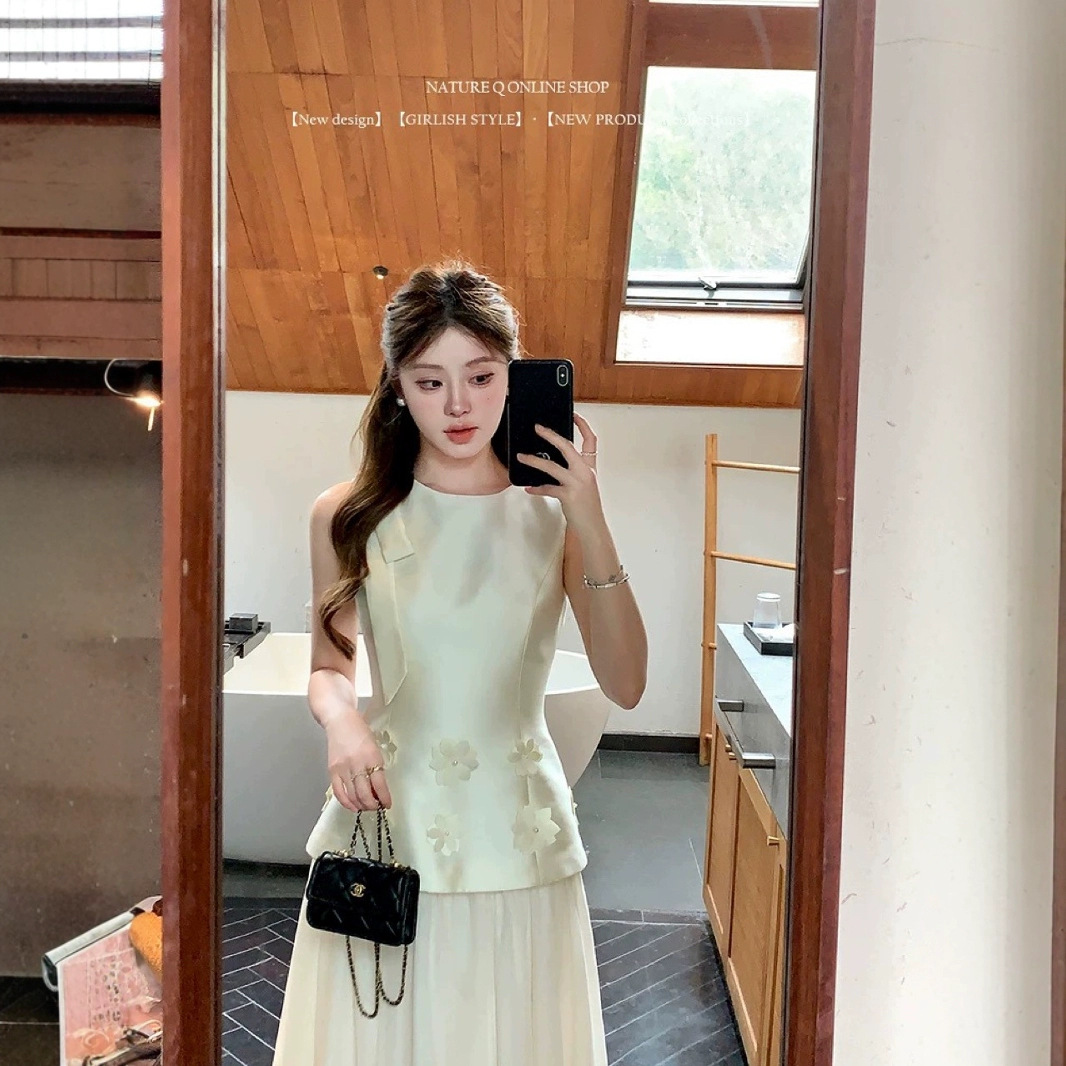 杨小卷富家千金立体花无袖连衣裙纱裙仙女长裙白色掐腰裙订婚礼服