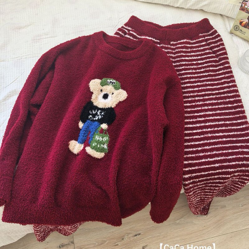 熊熊忙碌复古卡通小熊家居服套装女加厚半边绒休闲舒适可外穿睡衣|undefined