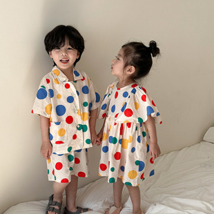 Children's Summer Suit Boys 2024 New Baby Style Polka Dot Pure Cotton Girls Dress Sister and Brother Outfit