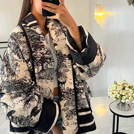 印花双口袋饰棉衣外套女式欧美2023秋冬速卖通棉袄子6NS短款百搭
