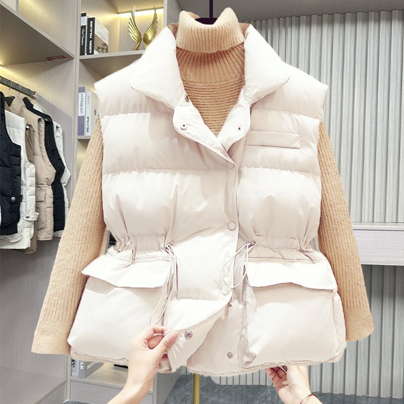 Chaleco de chaleco de cuello de soporte de estilo coreano para mujer 2023 otoño e invierno chaleco con cordón cálido y suelto chaleco superior