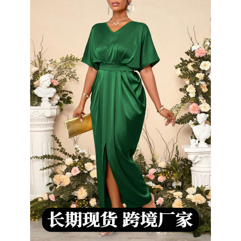 Foreign Trade Women's Clothing Cross-Border Early Autumn New Satin Dress European and American Ball Gown Satin Waist Long Skirt Wholesale