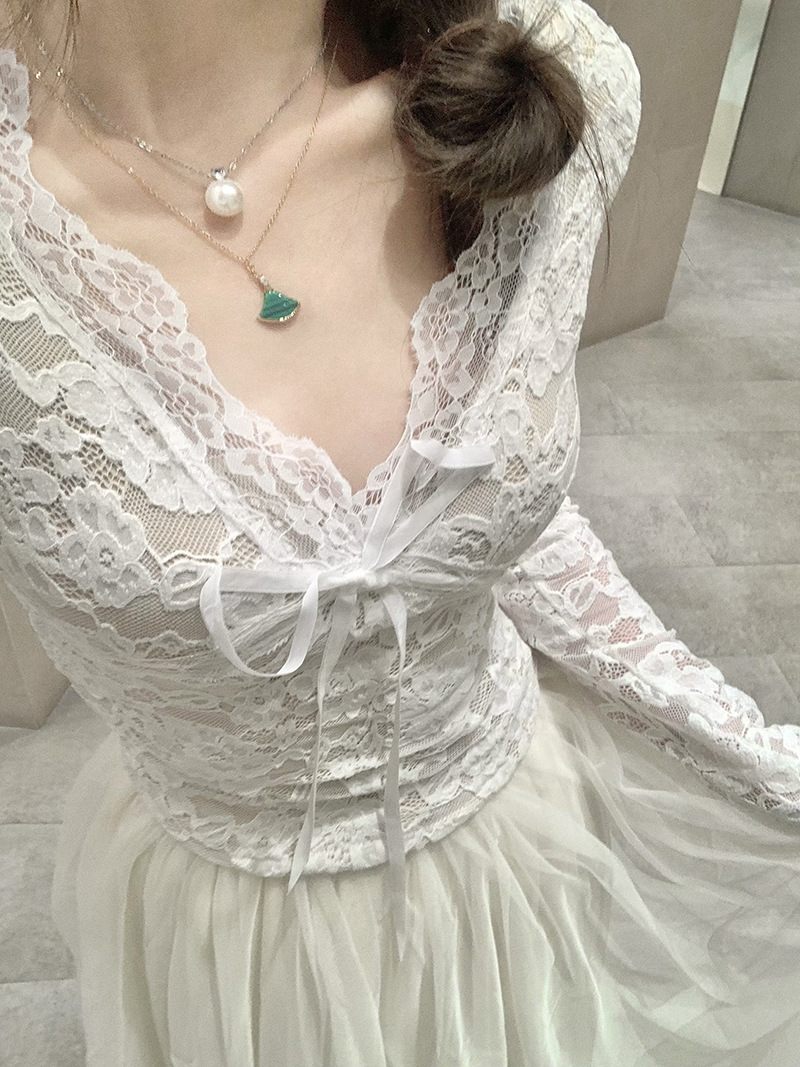 Sexy Pure Lust Style Lace Splicing V Neck Black Long-Sleeved T-Shirt Women's Spring Slimming Look Short Inner Top