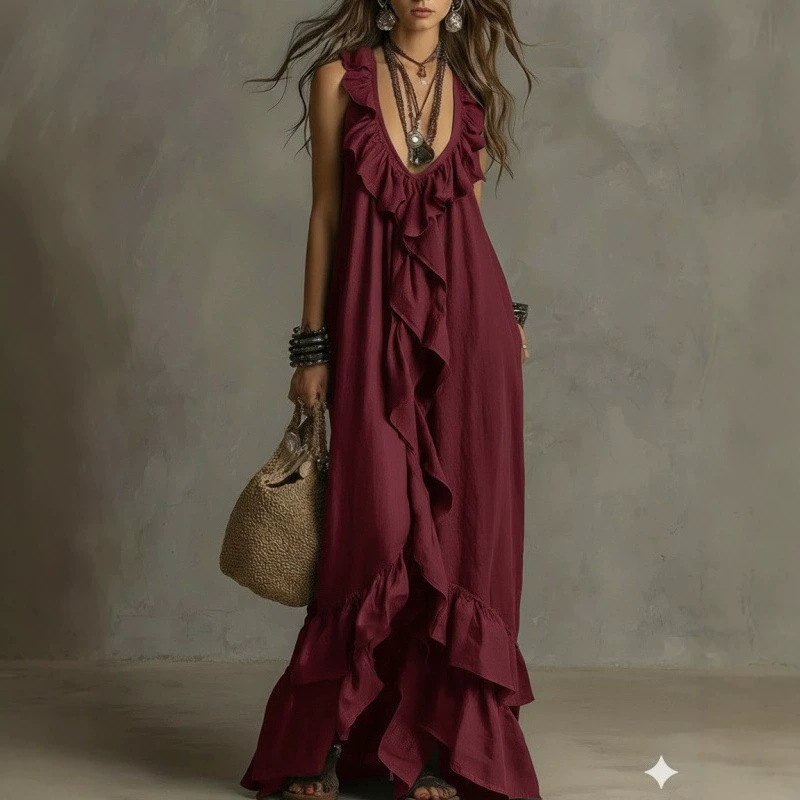 2026 European and American Cross-Border Amazon Casual Bohemian Style Urban V-Neck Short-Sleeved Ruffled Retro Dress 2026 European and American Cross-Border Amazon Casual Bohemian Style Urban V-Neck Short-Sleeved Ruffled Retro Dress