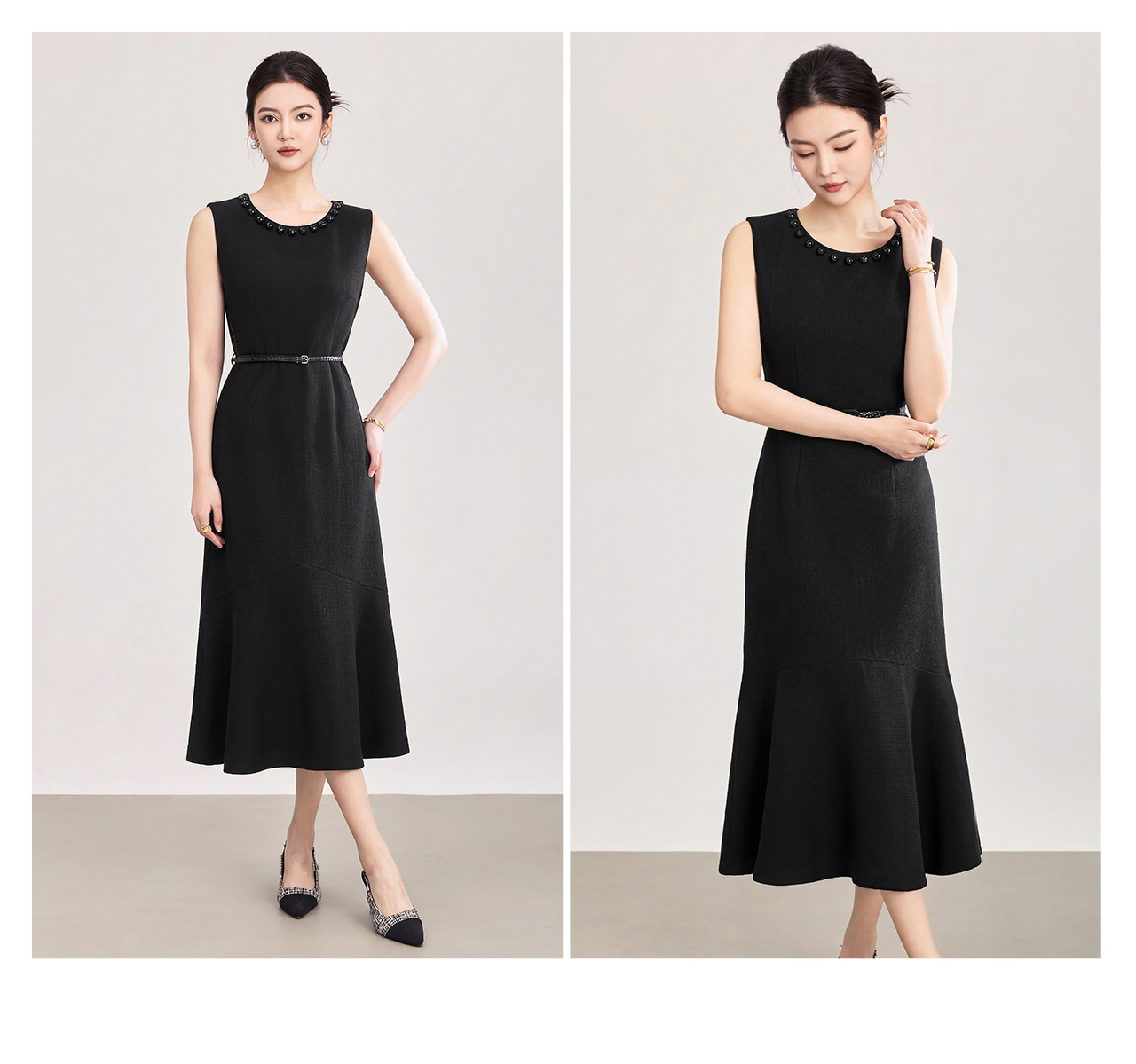 Đầm maxi nữ thắt eo tay ngắn cổ tròn, phong cách công sở dự tiệc — màu đen chi tiết 18