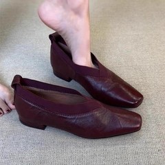 牛皮版~复古方头平底单鞋女2025新款百搭一脚蹬软底玛丽珍奶奶鞋