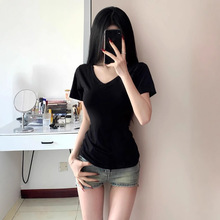 港味纯欲v领正肩纯棉短袖t恤女夏修身内搭辣妹收腰小众基础款上衣