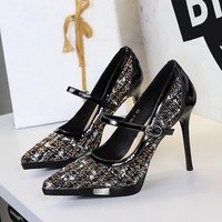 8366-7 French retro style slim heeled banquet high heels with feminine temperament pointed super high heels and shallow mouth straight strap single shoes