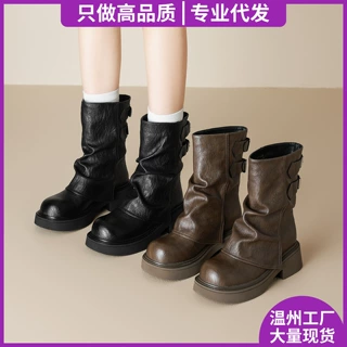厚底堆堆靴女2025新款夏小众美拉德时尚短靴粗跟褶皱英伦风马丁靴