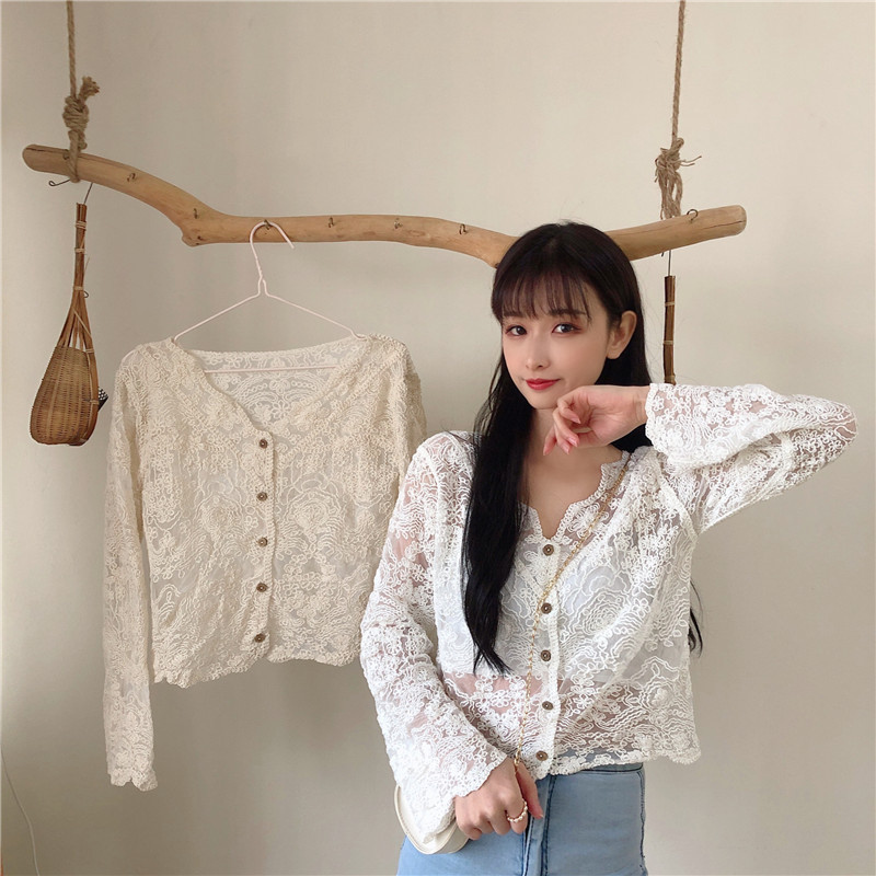 New Lace Hollow Casual Shirt Spring New Korean Style V-Neck Age-Reducing Elegant Foreign Style Cardigan Top
