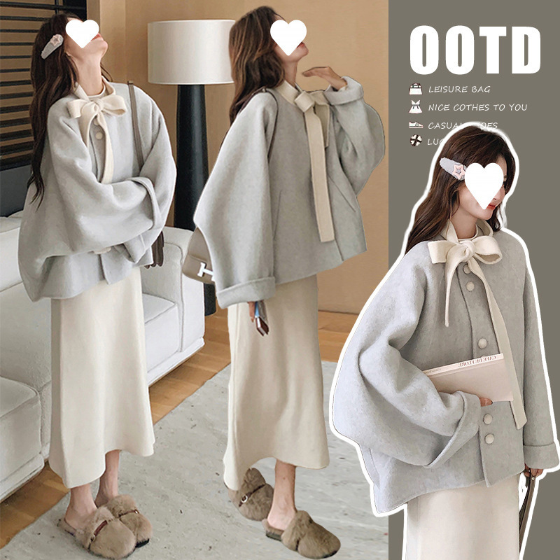 Spring and Autumn New Maternity Fashion Suit Loose Bowknot Woolen Top Coat + Woolen Skirt Set Spring and Autumn New Maternity Fashion Suit Loose Bowknot Woolen Top Coat + Woolen Skirt Set