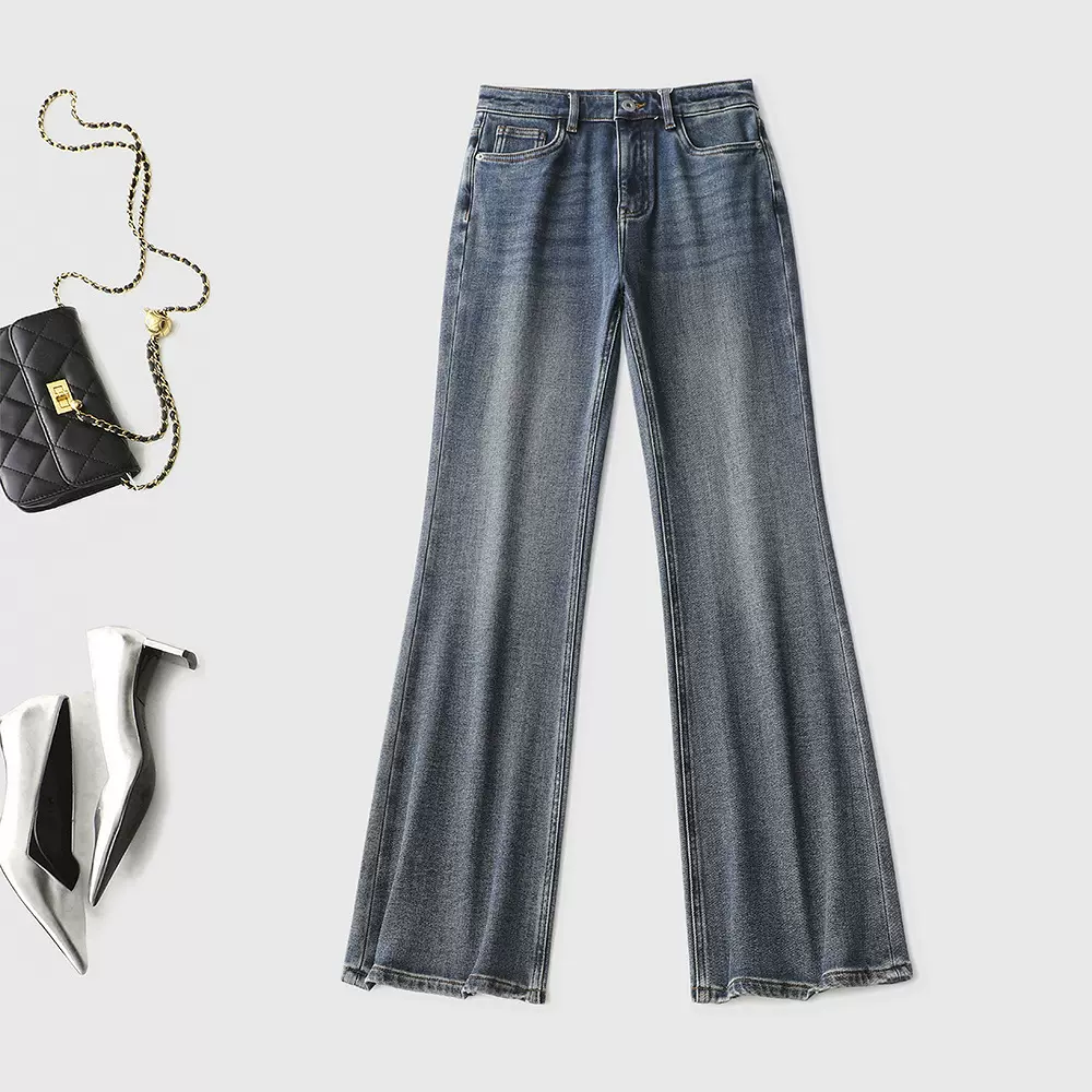 穿上瞬间拉长比例显瘦10斤 高腰加厚薄绒微喇牛仔裤冬装新品