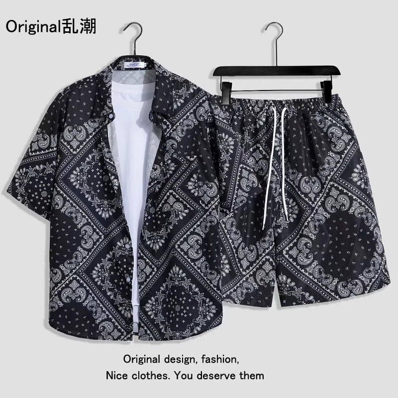 Verano playa floral camisa de manga corta traje de los hombres sueltos ins retro completo impreso pantalones cortos camisa de dos piezas