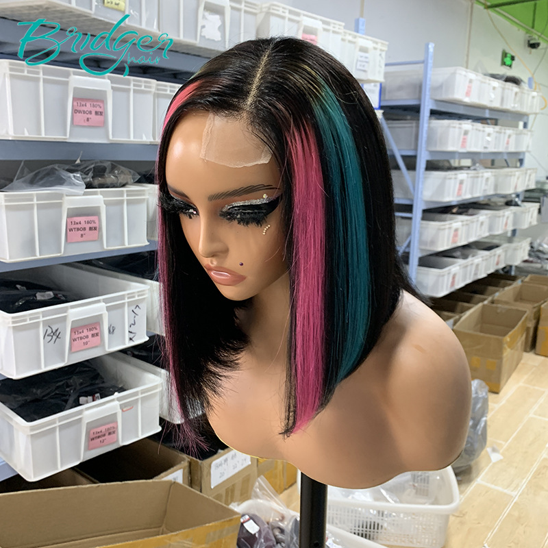 Factory Highlight Blue Rose Red 2*6 Kim Closure BOB Parrucca per capelli veri Parrucca per capelli umani_voghion.com