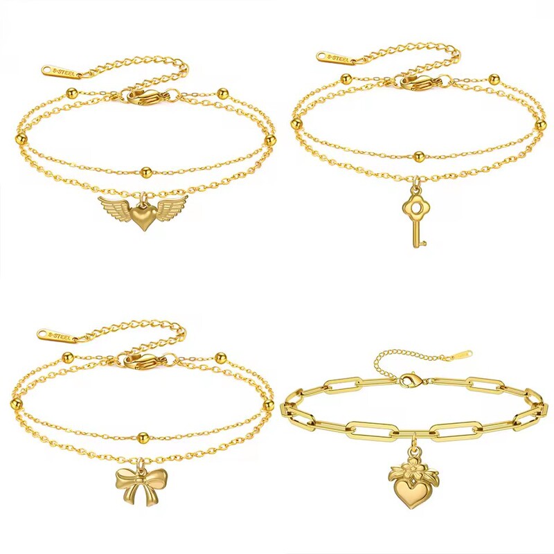 304 Stainless Steel Double-Hole Wing Pendant Double-Layer Chain Bracelet Fashionable Charm Women's Jewelry Party Gift 304 Stainless Steel Double-Hole Wing Pendant Double-Layer Chain Bracelet Fashionable Charm Women's Jewelry Party Gift
