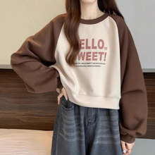 美式复古插肩长袖卫衣女春夏短款小个子宽松高腰正肩套头外套上衣