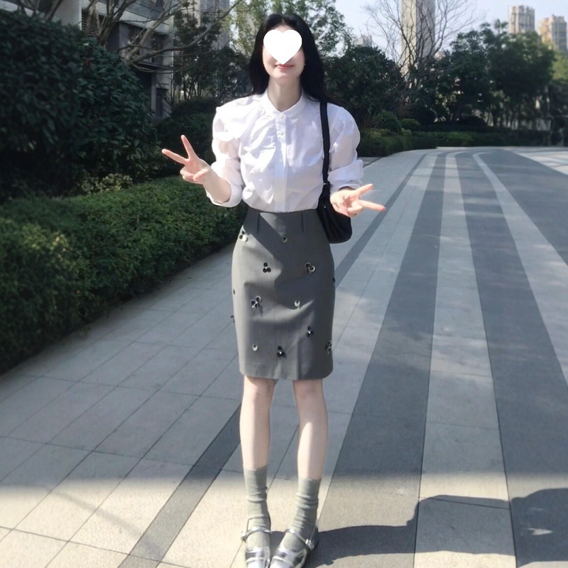 跨境灰色钉珠亮片西装半身裙女夏季直筒裙气质修身裙子轻奢通勤短|undefined