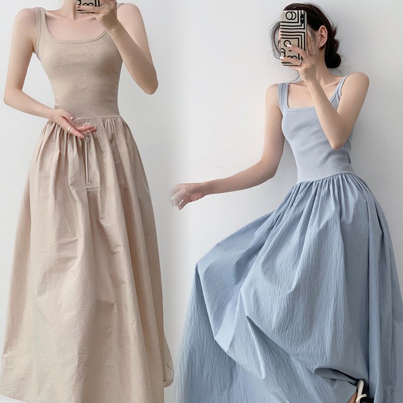 2026 Dopamine Knit Patchwork Sleeveless Camisole Dress for Women, New Summer Style, Large Hem Long Dress