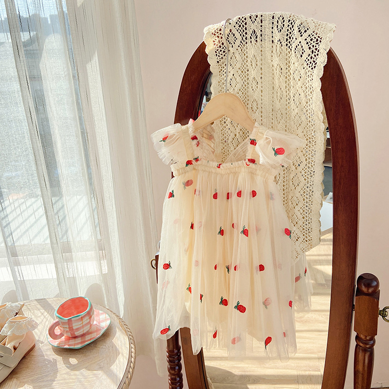 Estilo coreano manga voladora alas tridimensionales vestido de niña 2024 verano polka dot bebé niña vestido de malla mullido vestido de princesa