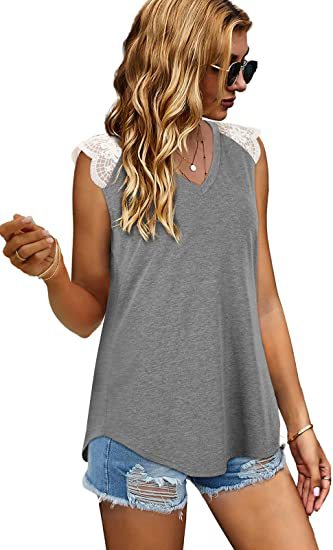 Abbigliamento da donna 2024 T-shirt canotta allentata in pizzo patchwork da donna estivo 2024 con maniche volanti_voghion.com