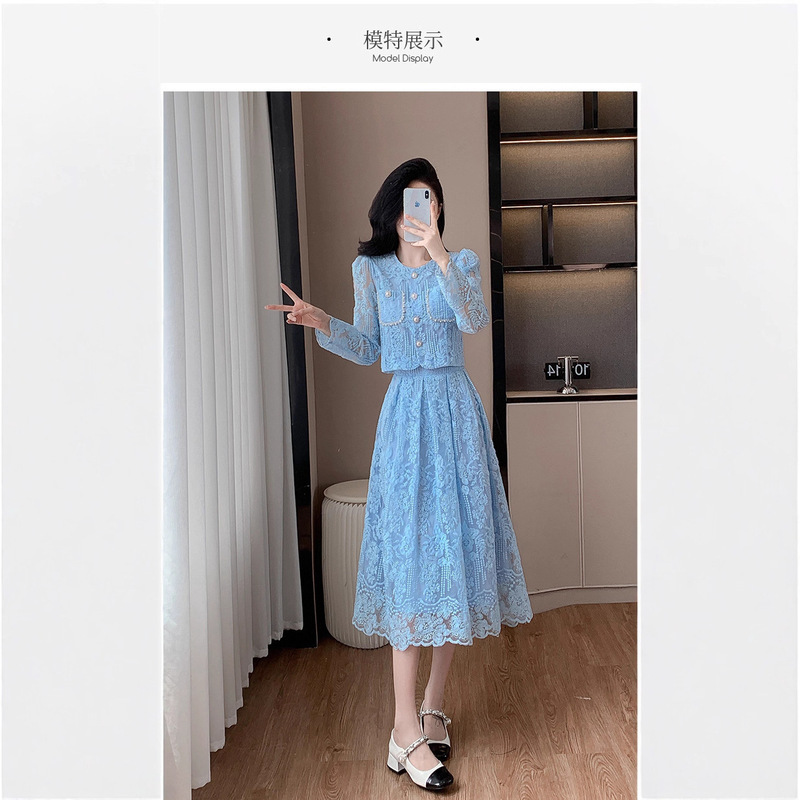 2025 French-Style High-End Embroidered Beaded Round-Neck Long-Sleeve Half-Dress Set for Weddings, Parties, and Church