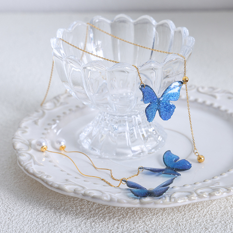 Nuevo chino esmalte azul mariposa collar pendientes nuevo vintage pendientes clavícula cadena titanio acero todo partido