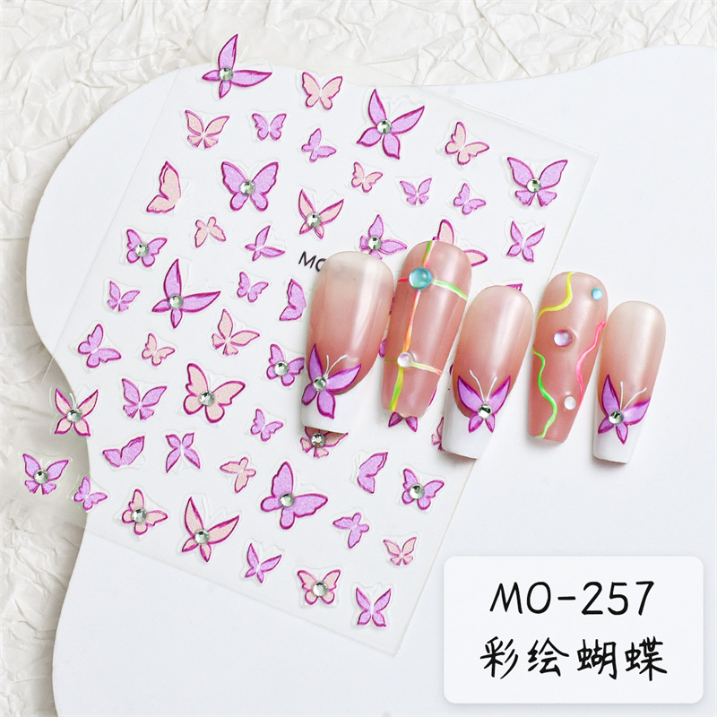 Etiqueta engomada de uñas de mariposa de diamantes de cristal de explosión de celebridades de Internet Mimbo Pinto rosa en relieve Etiqueta engomada de uñas de mariposa con diamante