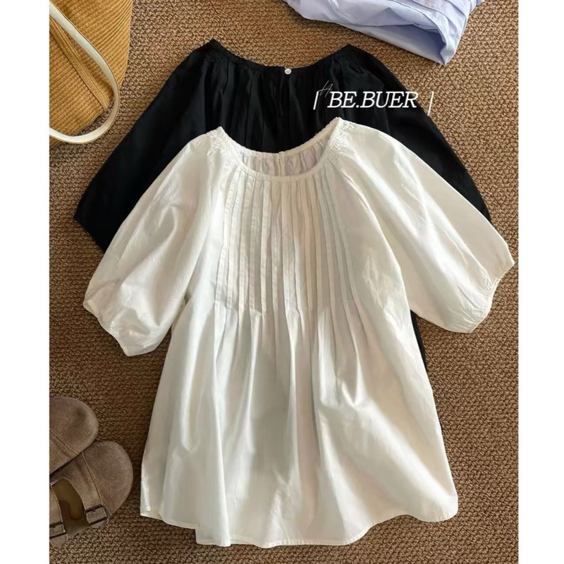 Exquisite Pleated Doll Shirt with an Accordion Style, Cotton, Loose Fit, Slimming, Three-Quarter Sleeves, Gentle Style, Versatile for Spring and Summer, Suitable for Commuting Exquisite Pleated Doll Shirt with an Accordion Style, Cotton, Loose Fit, Slimming, Three-Quarter Sleeves, Gentle Style, Versatile for Spring and Summer, Suitable for Commuting
