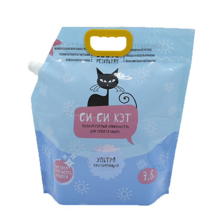 青岛工厂定制带吸嘴猫砂袋 带塑料提把宠物零食站立袋加印logo