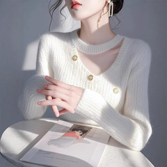 2025春秋冬欧货白色挂脖镂空毛衣打底衫女款修身显瘦内搭针织删