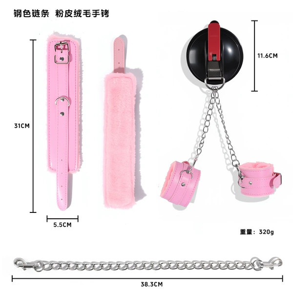Pink fur suction cup handcuffs-silver chain