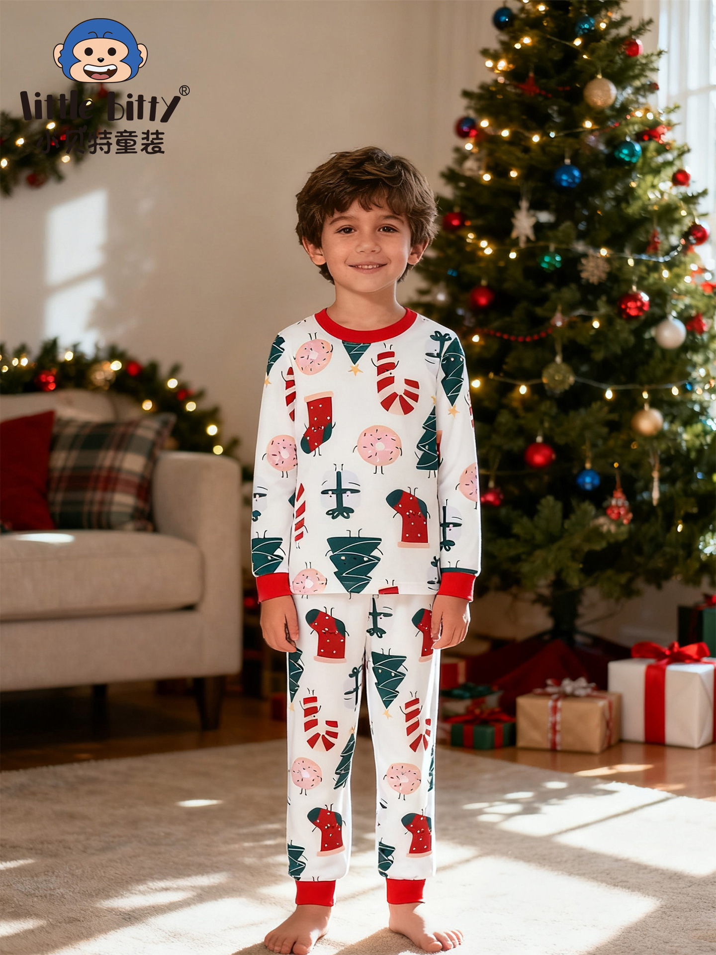 European and American 25 Years Autumn and Winter New Kidsren's Suits Christmas Round Neck Printed Long-Sleeved Home Clothes Kidsren's Clothing Wholesale