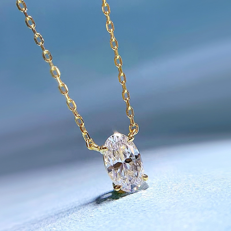 Women's Gender 925 Sterling Silver High Carbon Diamond Inlay Oval Pendant Necklace