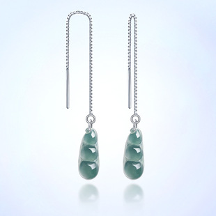 Natural A goods jade blue water green beans ear line S925 silver set ice jade stone fashion women's earrings earrings