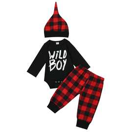 外贸BOY字母婴儿服 包屁衣格子裤子三件套长袖棉套装冬款
