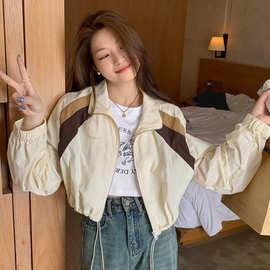 甜酷冲锋衣春秋美式撞色半高领抽绳女小个子显高长袖百搭短外套女