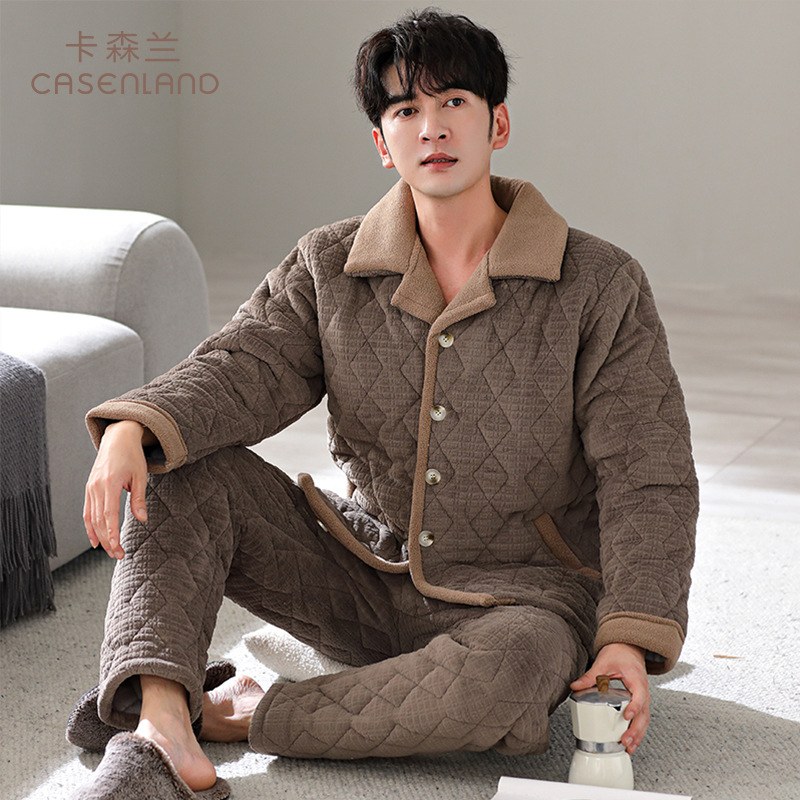 Men's Pajamas Winter 2025 New Style Three-Layer Thickened Fleece-Lined Quilted Autumn and Winter Middle-Aged Dad Large Size Winter Home Wear