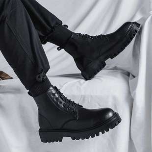 Martin Boots Men's High-Top Trendy Spring and Autumn British Style Retro Mid-Top Leather Shoes Heightening Black Leather Boots