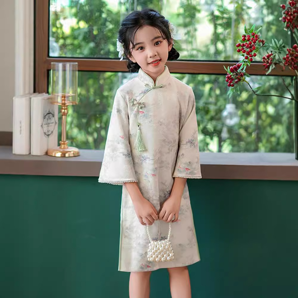 Carefully Selected New Chinese-Style Girls' Spring and Autumn Clothing, Retro National Style Mid-Length Sleeve Dress, Stylish Children's Cheongsam Dress