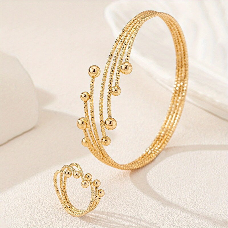 Cross-border jewelry European and American fashion bracelet, ring, gold-plated engraved beads, adjustable open set