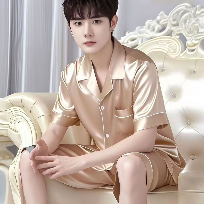 A Complete Set of Men's Pajamas, Ice Silk Summer Thin Short-Sleeved Large Size Home Clothes, Silk Loose Suit for Summer A Complete Set of Men's Pajamas, Ice Silk Summer Thin Short-Sleeved Large Size Home Clothes, Silk Loose Suit for Summer