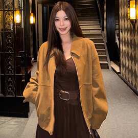 原版做法复古麂皮夹克女秋美式宽松翻领休闲百搭外套上衣高级外衣
