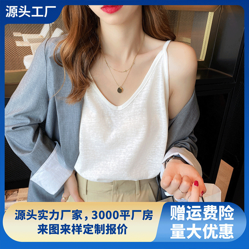 V-Neck Camisole for Women, Summer Loose Thin Plus-Size Sleeveless Top, White Base Tank for Outerwear
