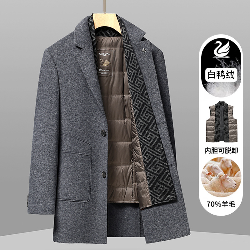 가을과 겨울 남성용 모직 코트 비즈니스 캐주얼 스카프 칼라 이동식 라이너 양면 모직 코트 코트