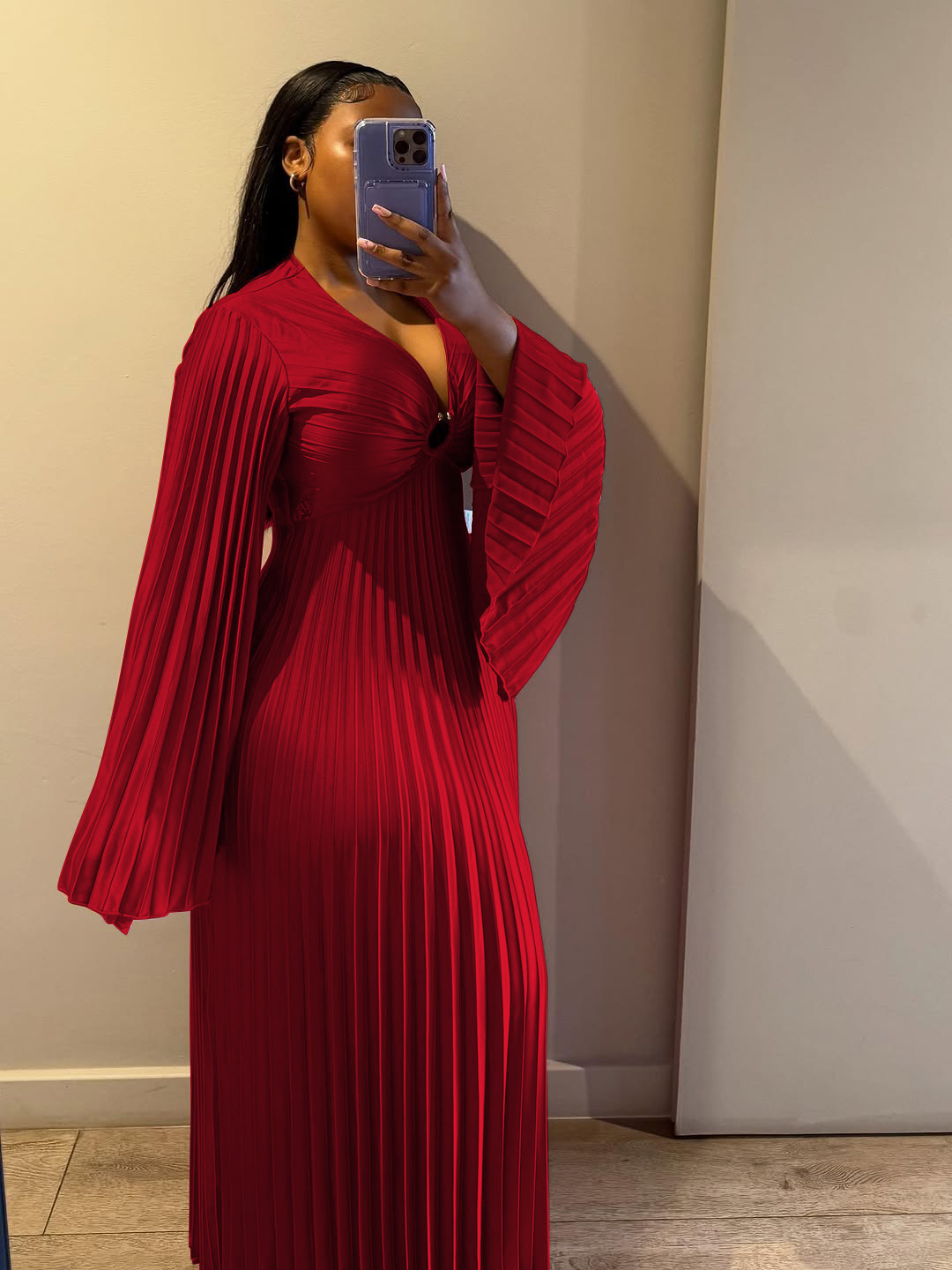 Women's Clothing Elegant Slim Fit Women's Dress V Neck Pleated Long Sleeve Solid Color Casual Spring/Autumn Dress_ecoleips.com