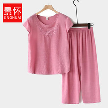 中老年新款简单舒适夏季短袖两件套上衣松紧带高腰裤子妈妈服套装