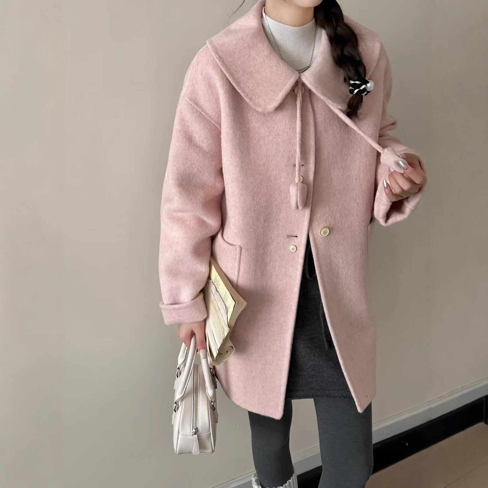 C 女式毛呢外套25韩系流行慵懒风中长款羊毛大衣郁金香绳结甜美