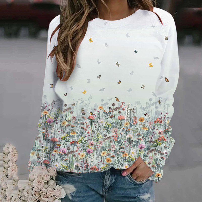 3D digital printed women's round neck hoodie with floral patterns for spring autumn clothing, long sleeved and loose_voghion.com